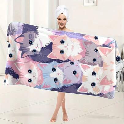 这款高品质超细纤维浴巾/沙滩巾采用卡通猫咪印花，速干、轻盈、柔软的面料制成。它是浴室必备品，也是居家生活的好帮手。非常适合浴室、游泳、露营、健身、旅行和瑜伽等场合，是理想的旅行伴侣和健身毛巾。