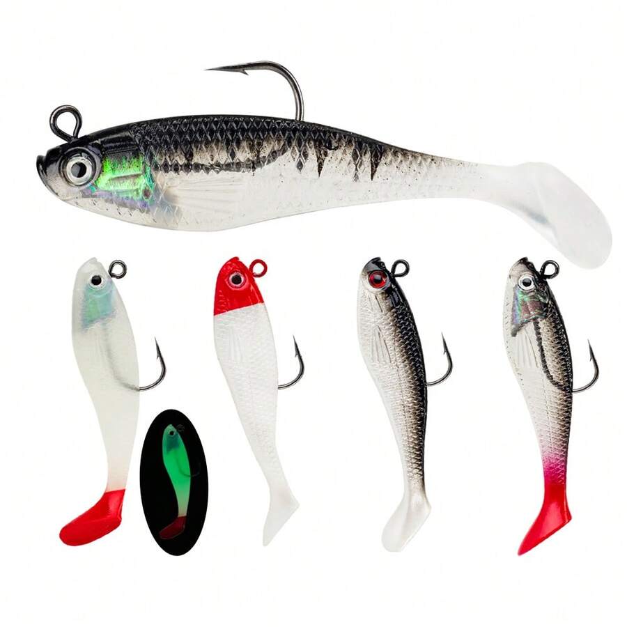 5Pcs 8cm/9g Soft Fishing Lures Set Swimbait Jig Heads T Tail Swim Bait Pre-Rigged Swimbaits With Weighted Hooks Crankbait Swim Shad Lures Swim Baits For Bass - Multicolor - View 1