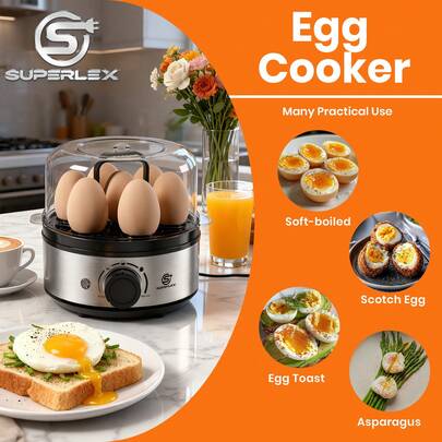 SUPERLEX Rapid Egg Cooker, A 7-Egg Capacity Stainless Steel Electric Steamer, Equipped With A 30-Minute Timing Function. The Set Includes A Measuring Cup And An Egg Piercer. It Will Emit A Beep Reminder When Finished. It Is Suitable For Various Cooking Methods Such As Boiled Eggs, Soft-Boiled Eggs, Scrambled Eggs Or Omelets. It Adopts A Detachable Design, Making Cleaning More Convenient, And Has An Automatic Power-Off Function.