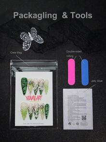 10pcs Press On Nails Acrylic Stiletto, Featuring Nude,Natural Looking Base, Green,Light Green,Gradient Color,French Tip,3d Three-Dimensional Decoration Element, White Floral, Nail Gems,Polka Dot,3d Three-Dimensional Decoration Butterfly Blingbling ,Cottagecore Metal Style Homemade Full Coverage Press On Nails Stiletto Set - Green - View 7