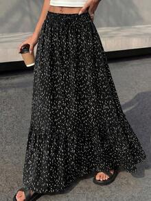 Women Floral Boho Elastic High Waist Flowy Tiered A-Line Maxi Skirt Spring Summer Holiday Beach Vacation Long Skirts With Pockets - 黑色 - 查看 3