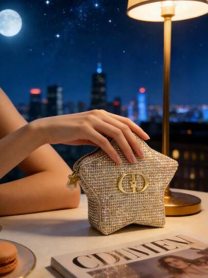 Dior Una bolsa de maquillaje con forma de estrella navideña con textura tejida dorada brillante, creando un efecto deslumbrante y llamativo.