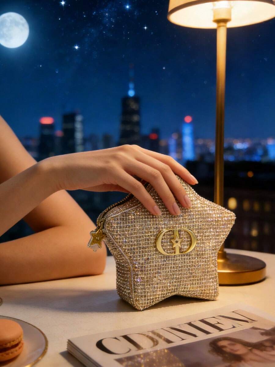 Dior A Christmas Star Shaped Makeup Bag With Shimmering Gold Woven Texture, Creating A Dazzling And Eye-Catching Effect. - Apricot - View 1