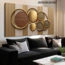 1pc Golden Circles And Wood Texture Large Canvas Wall Art,2D Flat Art Print,Horizontal Wall Art Paintings Ready To Hang, Modern Style Artwork Decor For Office And Christmas,24x48in,Thick Wooden Frame,Hi-Density Print,Bedroom Art Piece | Modern Wall Art | Textured Canvas - 二維平面藝術印刷品 - 查看 1