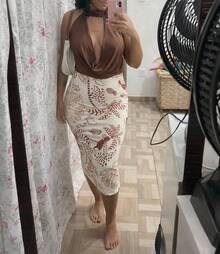 Women's Midi Skirt With Tropical Toucan Print - 摩卡棕 - 查看 3