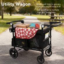 Kinder King Wagon Stroller For 2 Kids, All-Terrain Foldable Outdoor Stroller Wagon 2 Seater, Removable Canopy, Adjustable Handle, Shock-Absorbing Wheel, Detachable Tray, Large Storage, All Black - All Black - View 4
