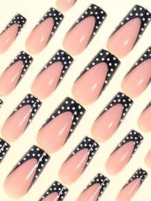 24 piezas Pegatinas para manicura francesa de lunares en contraste negro y blanco de tamaño mediano, diseño minimalista elegante, incluye 1 hoja adhesiva y 1 lima de uñas mini, entrega aleatoria, adecuado para mujeres y niñas - Negro - Ver 4