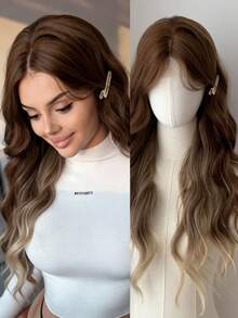 26英寸4*1蕾丝前置波浪假发，耐用合成纤维假发，适合日常佩戴，自然波浪卷发，适合日常、派对、圣诞节、角色扮演等场合。（颜色：金色带蓝色挑染、棕色渐变金色、浅绿色） - 彩色 - 查看 2