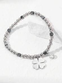 1条Y2K银色串珠手链，配幸运四叶草吊坠，简约几何手镯，银色圆形和方形珠子细节，精致可叠戴手链，女士礼物 - 銀色 - 查看 3