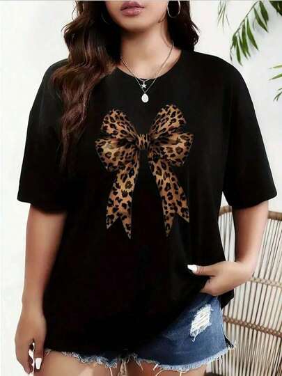 Blusa de Mujer con Estampado de Leopardo y Lazo, Blusa Casual de Manga Corta con Cuello Redondo, Tejido de Punto, Largo Regular, Moda Primavera-Verano, 180g 100% Algodón, Todos los Patrones Están Impresos.Unisexo.