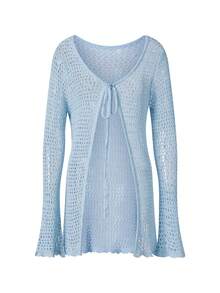 Women Crochet Cardigan Lightweight Tie Front Hollow Out Long Sleeves Summer Knit Cover Cardigans - 如圖所示 - 查看 8