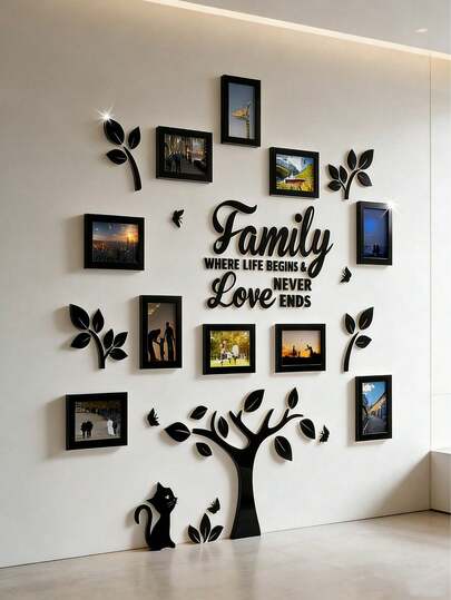 Set 10 piezas de pared de árbol genealógico con diseño de gato negro,120*120cm, estilo moderno, autoadhesivas,extraíbles, de acrílico,Adorno Árbol Pared De Fotos Familiares Para Pared,Collage