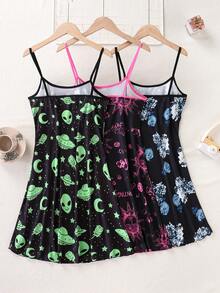 3 Pieces Of Combination Creative Alien And Unidentified Flying Object Printed Sexy Women's Pajamas - 彩色 - 查看 2