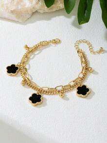 1件夏季度假优雅黑色金属花朵和三叶草多层脚链，适合度假、派对、约会、送礼、日常佩戴（不含礼盒） - 黑色 - 查看 4