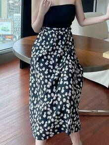 Falda de mujer Falda midi con estampado arrugado de inspiración retro Silueta evasé de cintura alta que favorece la figura Diseño versátil de longitud media - Negro - Ver 3