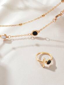 2 Pcs Street Style Black White Enamel Round Beaded Double Layered Chain Bracelet Gold Band Finger Ring Nightout Party Jewelry Set - Gold - View 6