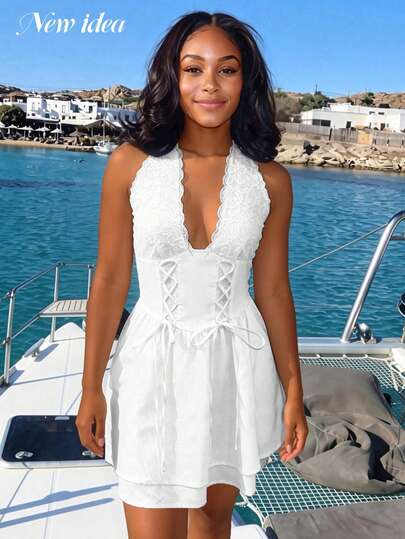 Women Elegant White Lace Halter Mini Dress, Deep V Neck High Waist Drawstring Design, Summer Hit, Suitable For Summer Beach Vacation Party