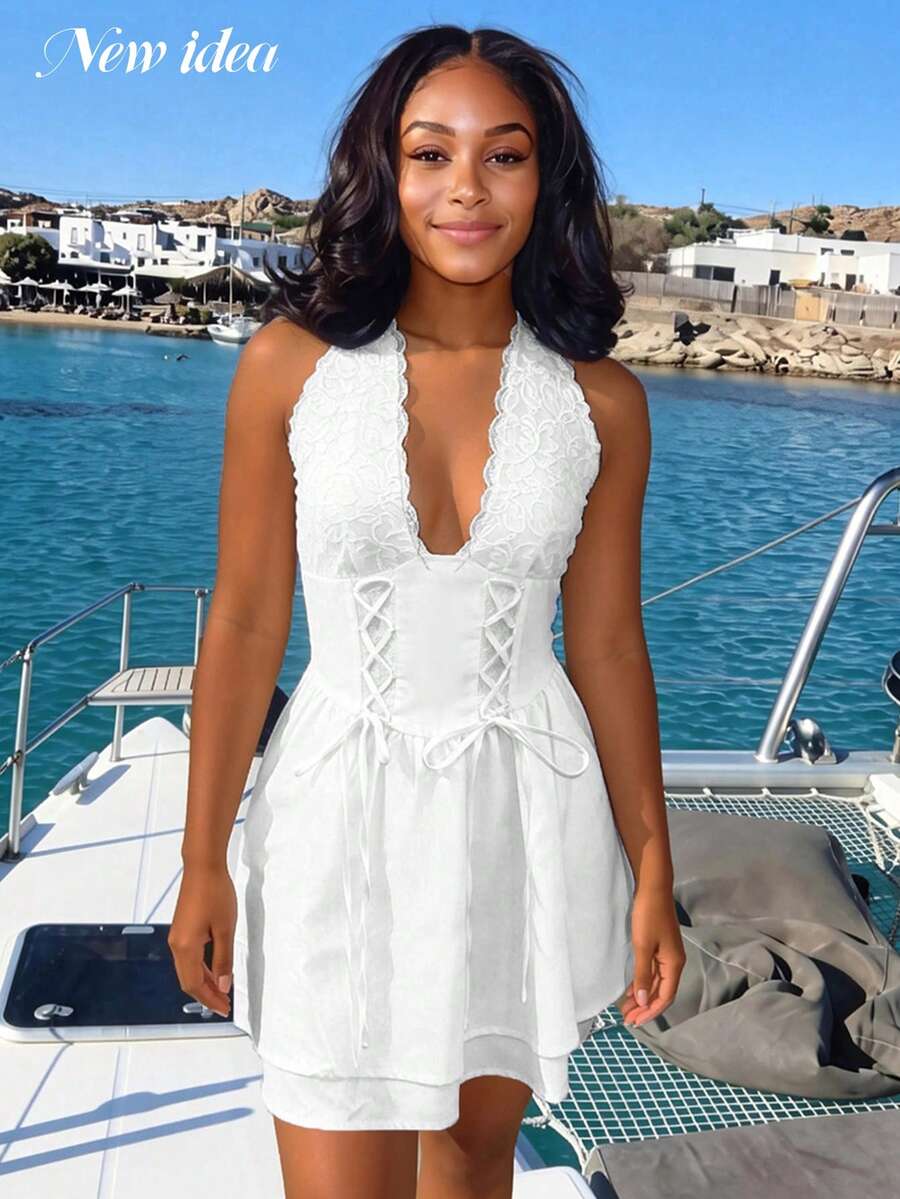 Women Elegant White Lace Halter Mini Dress, Deep V Neck High Waist Drawstring Design, Summer Hit, Suitable For Summer Beach Vacation Party - White - View 1