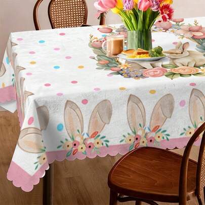 1 pieza Mantel de mesa con volantes con diseño de conejito de Pascua, mantel de picnic a lunares en tonos pastel, versátil para fiestas, decoración de mesa de comedor de primavera/verano, mantel colorido para bodas al aire libre, apto para uso interior y exterior