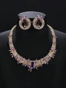 3件套奢华珠宝风格铜质立方氧化锆项链耳环套装，适合搭配婚纱、晚宴礼服。 - 華麗套裝 - 查看 1