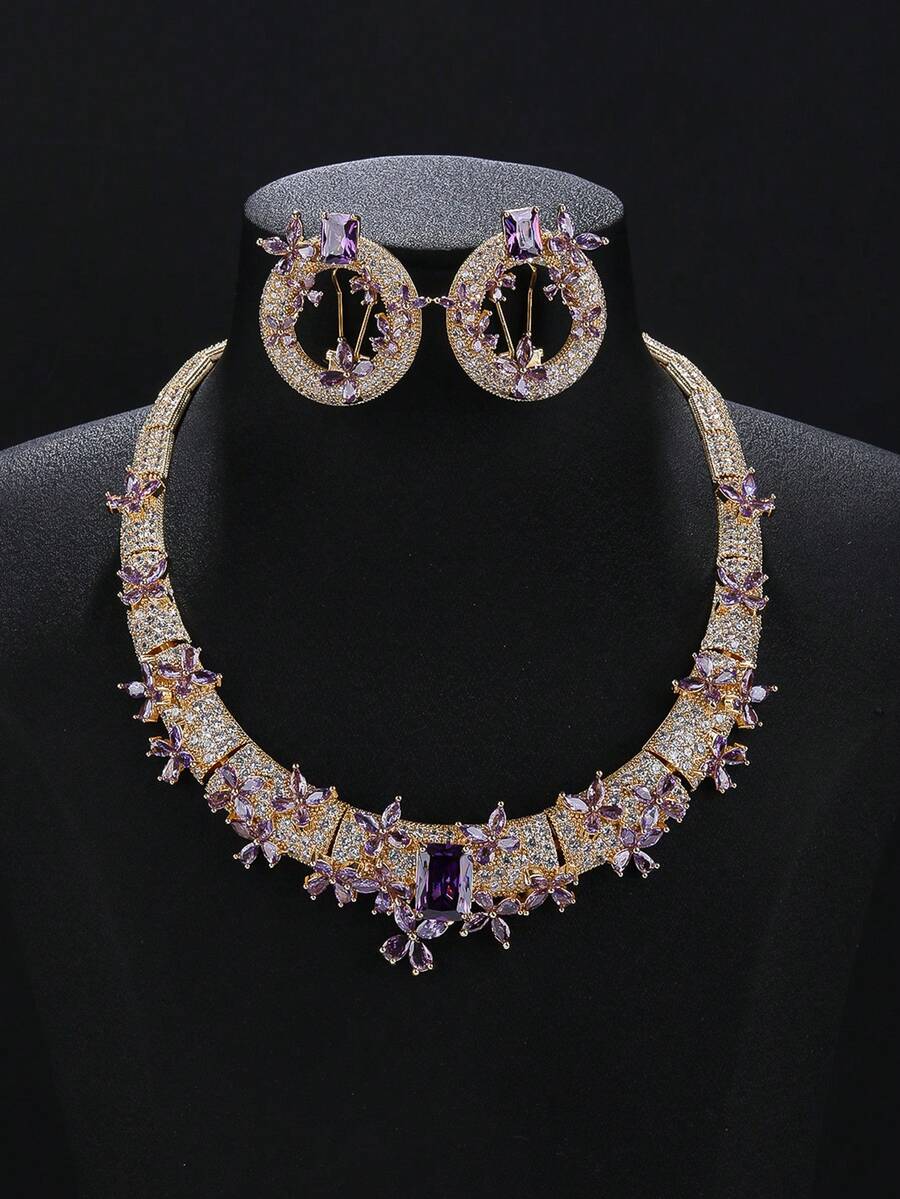 3件套奢华珠宝风格铜质立方氧化锆项链耳环套装，适合搭配婚纱、晚宴礼服。 - 華麗套裝 - 查看 1