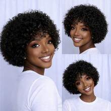 150% Density Black Glue-Free Curly Short Bob Wig, Women's African Fluffy Curly Short Hair Wig With Bangs, Suitable For Holiday Parties And Daily Wear - Natural Black - View 8