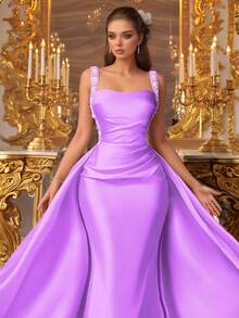 VIPGIRL 无袖缎面亮片吊带长款礼服，优雅美人鱼款式，适合舞会、晚宴、婚礼等正式场合，奢华迷人。 - 紫色 - 查看 4