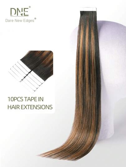 DNE HAIR 10pcs 100% Human Hair Invisible Seamless Hair Extensions #TNC-PNC/6 Natural Black To Light Brown Straight 14-22 Inch Long, Silky Seamless Top Quality Thick Hair Ends, Suitable For Thinning Hair & Salon Use, Fit For Daily Use By All Women