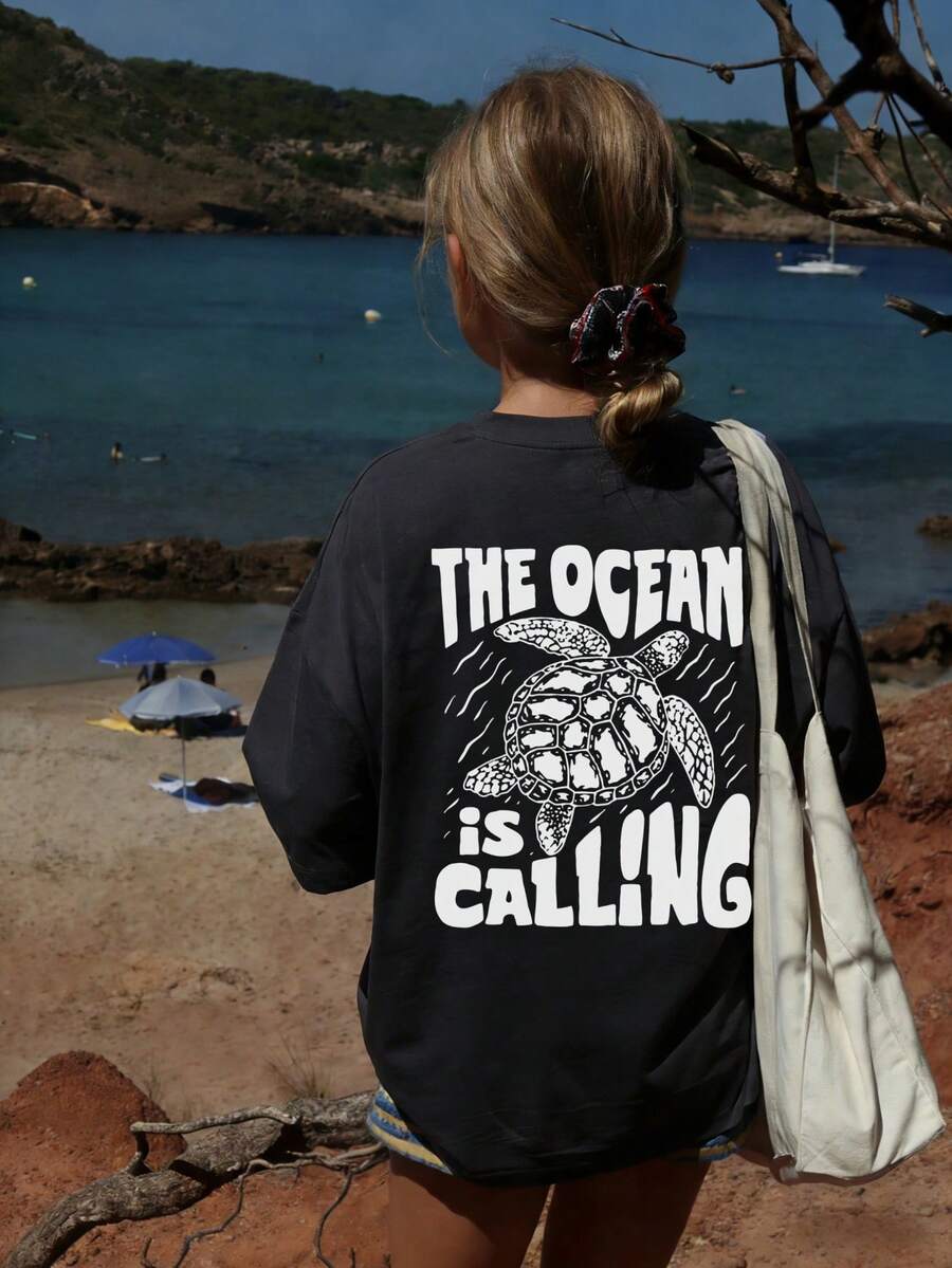 1pc Tween Girls Casual Turtle Print Round Neck Short Sleeve T-Shirt, Summer Student Tween Clothing - Turtle Design T-Shirt Suitable For Daily Adventure, Tween Tween Girls Summer Shirts, Islami Eid Mubarak Ahlan Ramadan - Dark Grey - View 1