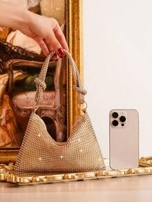 حقيبة مربعة مدمجة بسحاب مزينة بالراين، حقيبة يد مصنوعة يدويًا مناسبة للسهرات والاستخدام اليومي والمواعيد والحفلات - لون شمبانيي - مشاهدة 2