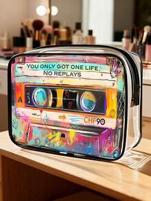 Nuevo bolso cosmético de PVC con patrón de casete retro, tema "Solo se vive una vez, no se puede volver a hacer", organizador de viaje con cremallera de PVC, ligero y resistente a la decoloración, adecuado para el maquillaje y los artículos de tocador de mujeres y niñas, fácil de limpiar, diseño estético de moda, aplicable para viajes, vacaciones, vuelta al colegio y otras ocasiones, bolsa de aseo, bolsa de viaje, bolsa de ducha, bolsa impermeable, gran capacidad, cubos de embalaje, artículos de viaje esenciales para mujeres, artículos esenciales para cruceros, artículos esenciales para vacaciones, artículos de viaje - Multicolor - Ver 7