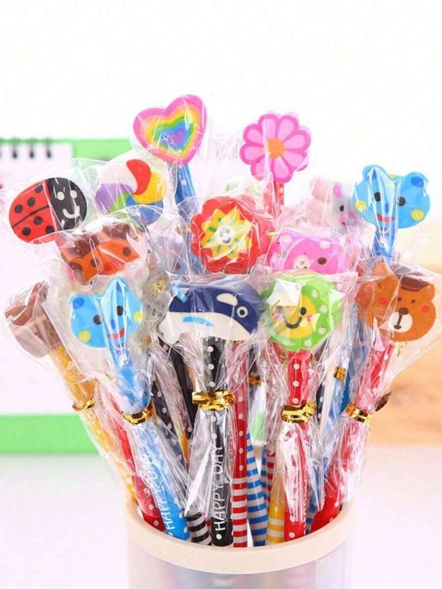 Conjunto de 5/15/30/50/100 lápis infantis criativos com desenhos animados, ideais para estudantes. Estes lindos lápis vêm com borracha, perfeitos como material escolar, recompensas educativas e presentes (cores sortidas). (Os desenhos dos lápis podem variar). Ótimos para a volta às aulas. - Multicolorido - Ver 1