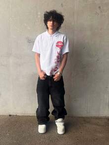 Y2K Lip Print Polo Shirt | Oversized Streetwear Casual Short Sleeve Top - trắng - Xem 3