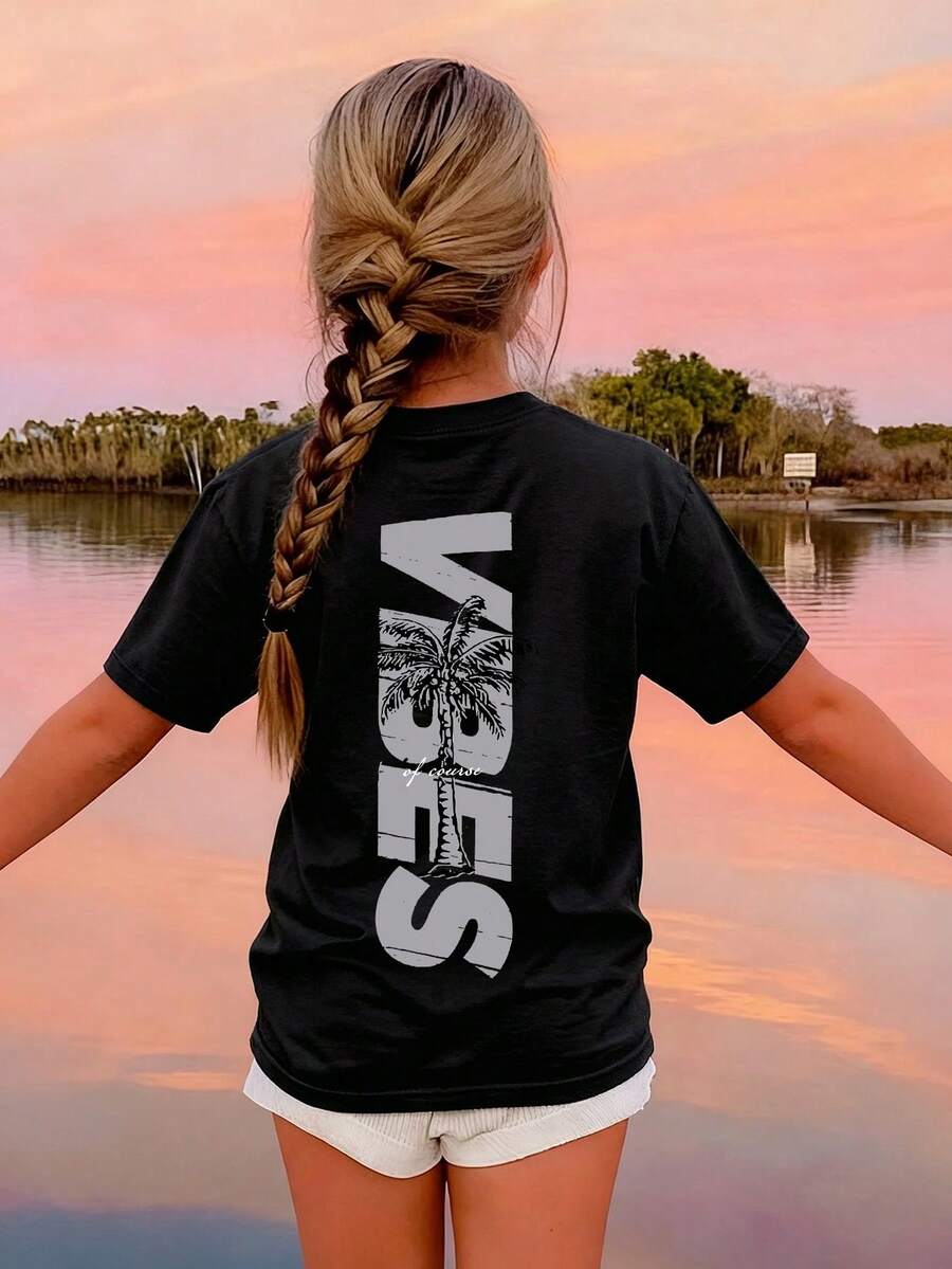 休闲椰树印花圆领短袖T恤，适合女孩和儿童夏季穿着 - 色彩缤纷的图案，为每个孩子带来快乐！童装，女孩图案T恤，夏季上衣，青少年服装 - 黑色 - 查看 1