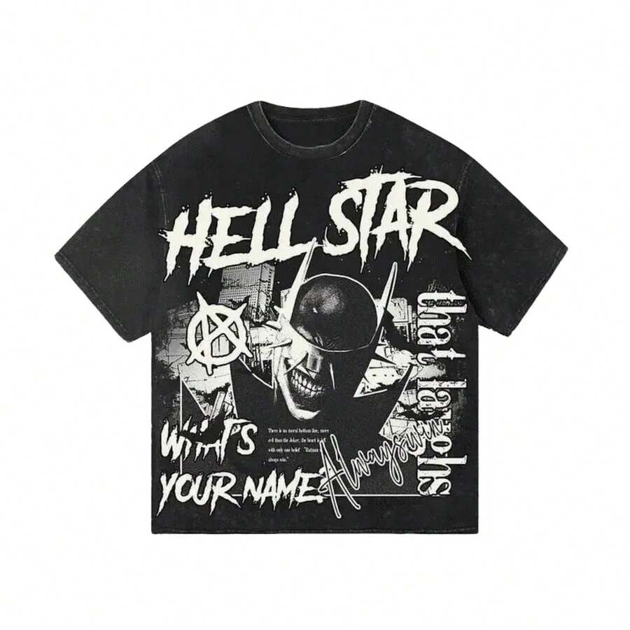 Hell Star Will Laugh Bat Who Comic Tear Feeling Print Graphics Acid Washed T Shirt Tee Unisex - Black - View 1