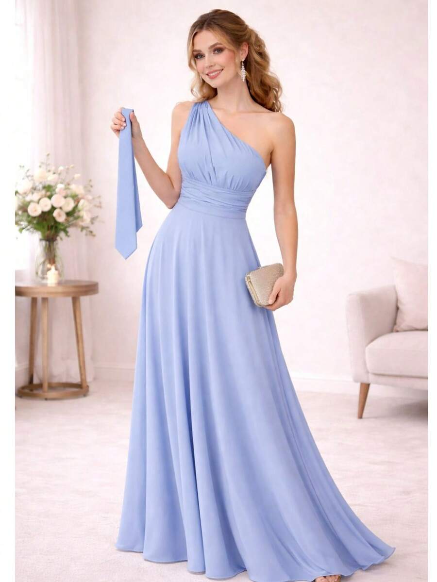 Cheap Long Dress For Bridesmaid, Dull Mule In Fluted Color With Tie In The Same Color For Groomsman - Blue Serenity - View 1
