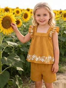 2pcs Baby Girl Outfit, Yellow White Silhouette Print Ruffle Trim Sleeveless Top And Yellow Shorts Set, Spring/Summer - Yellow - View 2