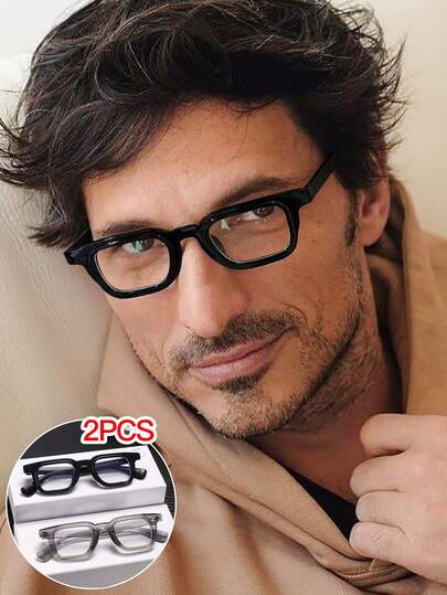 2副男士方形眼镜框，纯色聚碳酸酯镜框，透明镜片，休闲百搭，适合日常办公通勤，附眼镜盒