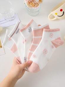 5 pares de calcetines de tobillo para mujer con diseño de corazones y flores en color rosa, transpirables y antideslizantes, aptos para primavera y verano - Rosa - Ver 10