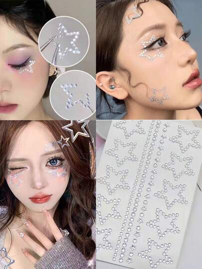 2pcs Hollow Five-Pointed Star Face Rhinestone Stickers, Stage Makeup Performance Glitter Face Jewels, Suitable For Women And Girls