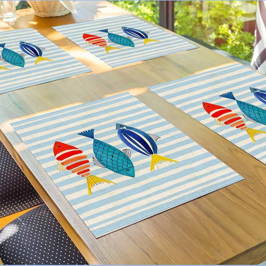 2/4/6pcs Blue & White Striped Fish Pattern Placemats, Size 12.5*16.5 Inches, Machine Washable Rectangular Tablemats, Suitable For Kitchen, Dining Room Decor, Holiday Celebration And Tabletop Decoration - Blue - View 1