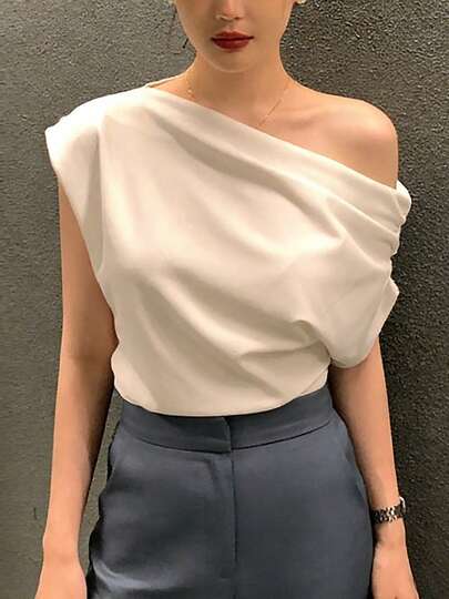Blusa de mujer Camiseta de manga corta con cuello redondo, color liso, corte holgado y diseño asimétrico con hombros descubiertos al estilo francés para mujer. Camiseta profesional de manga corta, intelectual, con un solo hombro descubierto y hombros inclinados.