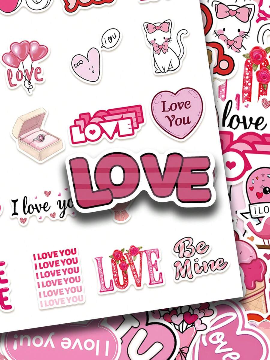 50pcs Love Stickers Confession Aesthetic For Journal, Phone Case, Tablet, Water Bottle, Desk, Luggage, Waterproof Decals - Multicolor - View 1