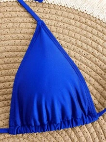 Women's Summer Beach Solid Color Halter Tie Sexy Bikini Swimwear Set Vacation - Royal Blue - View 3