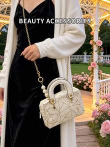 Elegant White Handbag With Gold Crackle Print And Pearl Star Pendant, Mini Shoulder Crossbody Bag, Suitable For Dates, Daily Wear, Parties And Weddings - White - View 2