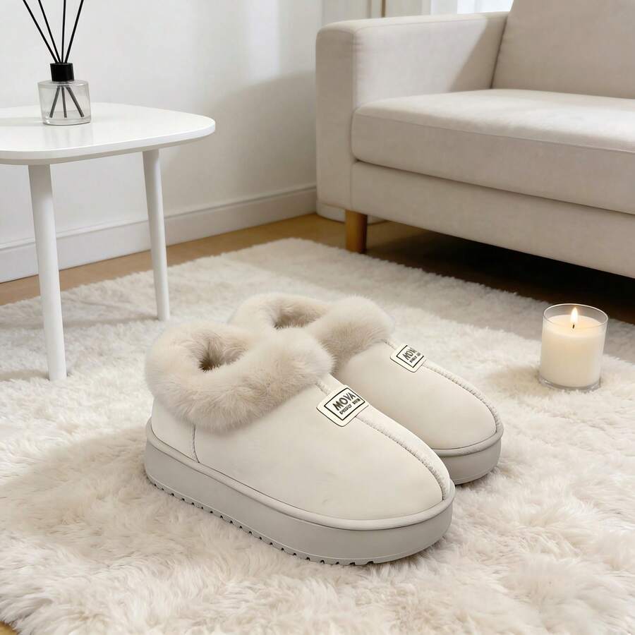 Botas de nieve para mujer para otoño/invierno, con un diseño en color liso y detalles en forma de letras. Cálidas y minimalistas, con una suela gruesa y antideslizante. Disponibles en blanco, negro y marrón, aptas tanto para hombre como para mujer. - Blanco - Ver 1