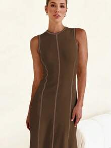Premium Fabric Sweatshirt Dress With Beautiful Stitching Details. - Rust Brown - View 1