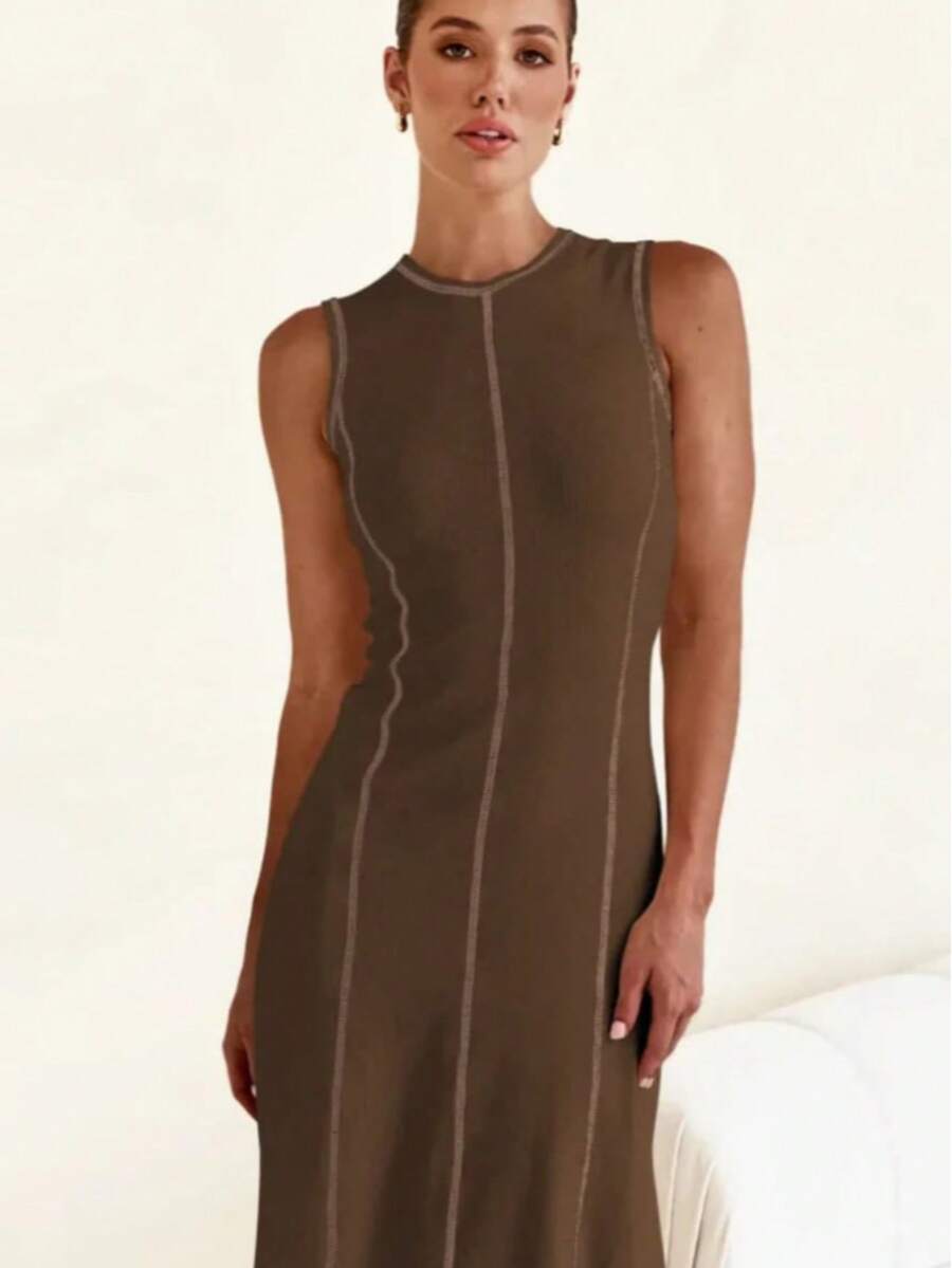 Premium Fabric Sweatshirt Dress With Beautiful Stitching Details. - Rust Brown - View 1