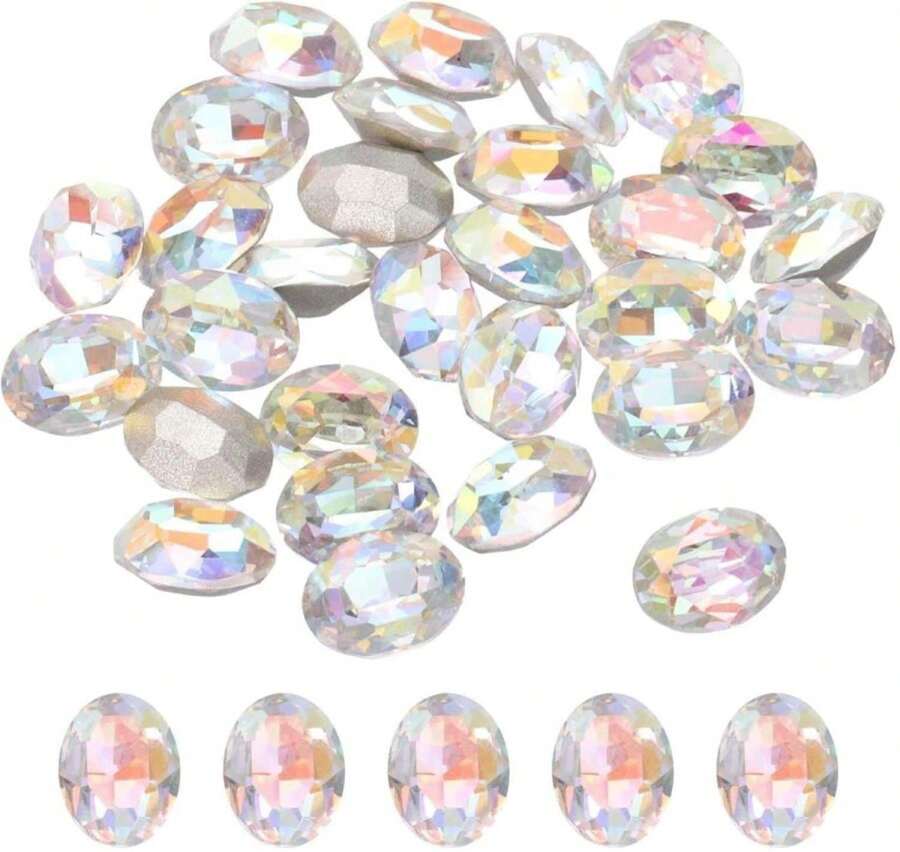 24 piezas de Cristales de Rhinestone ovalados y con punta, Cristales de vidrio facetados ovalados de 6 x 8 mm con punta trasera para manualidades de joyería, uñas y zapatos, color blanco AB - ColorW - Ver 1