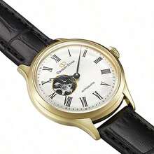 Orient Classic Women's Automatic Mechanical Wristwatch, Elegant White Dial With Roman Numerals, Open-Heart Design, Gold-Tone Case With Black Leather Strap, Luxury Business Formal Watch - White - View 5